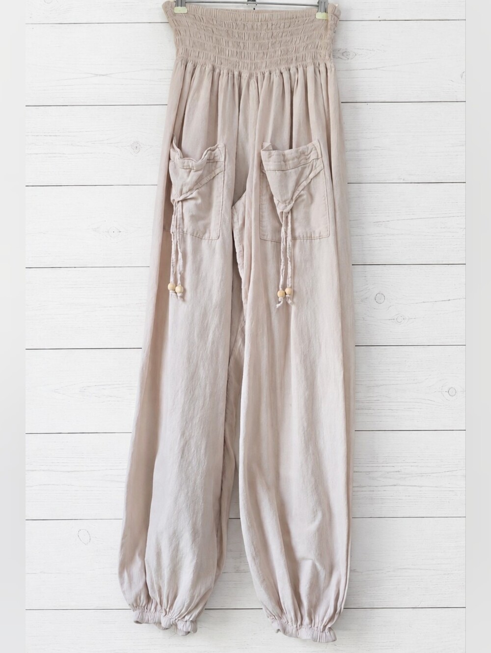 Blanco Tan Smocked High-Waist Linen Pants With Pockets Size L